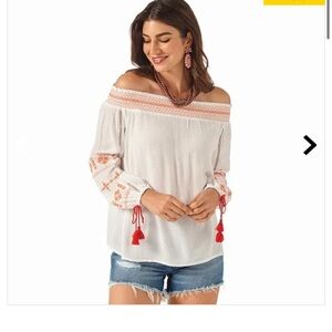 Wrangler Off Shoulder Boho Cowgirl Top White Embroidered Peasant Blouse S NWT